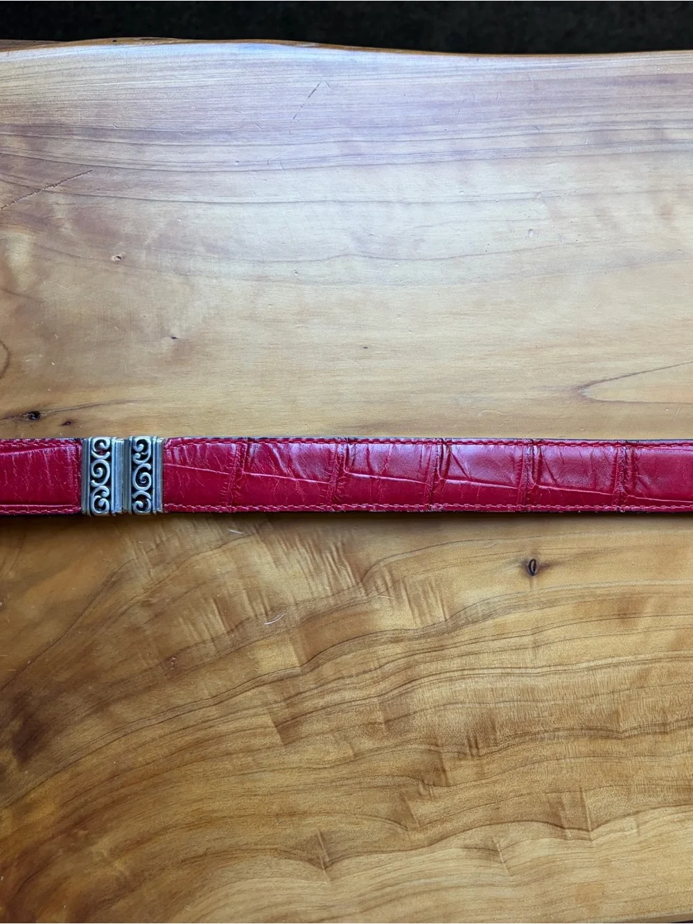 Brighton Red Croc-Embossed Leather Belt with Ornate Silver Buckle